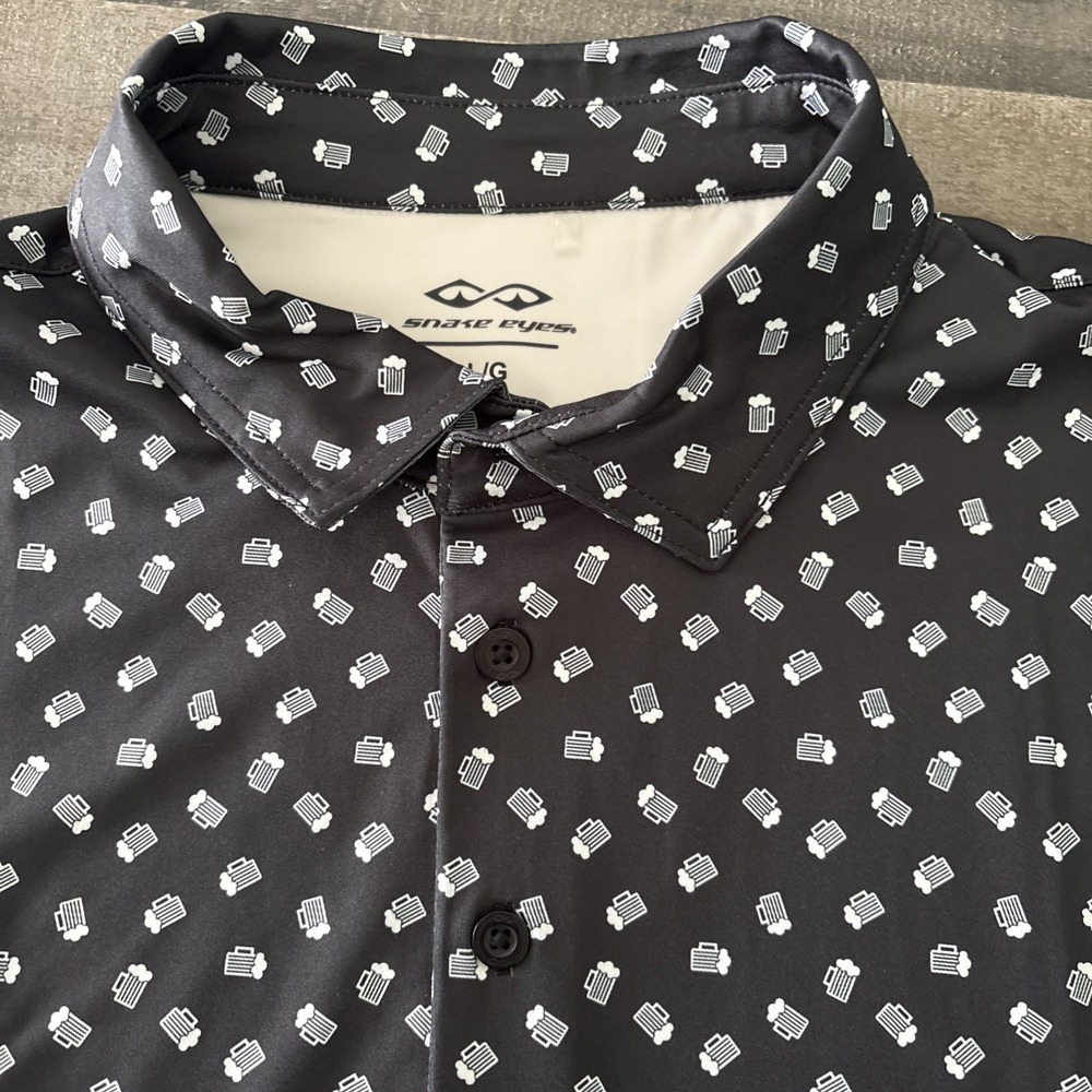 Snake Eyes Polo Shirt Mens Large Black Golf Performance Stretch Golfing Beer mug